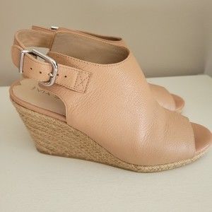 Via Spiga Nude Leather Wedge Espadrilles Open Toe Silver Buckle Heels Size 8.5